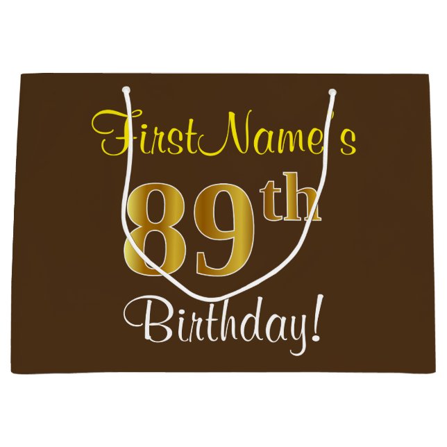 Elegant, Brown, Faux Gold 89th Birthday + Name Large Gift Bag (Front)