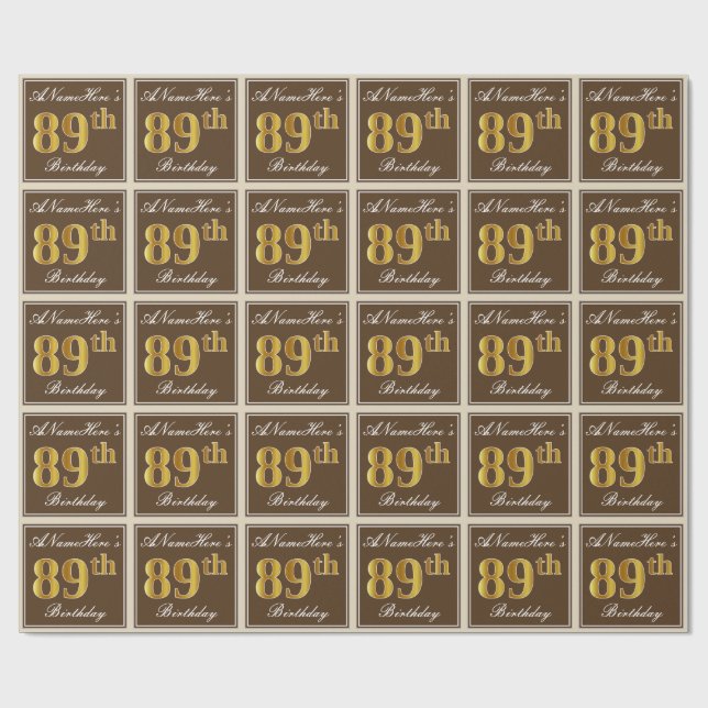 Elegant, Brown, Faux Gold 89th Birthday + Name Wrapping Paper (Flat)