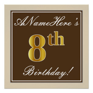 Elegant, Brown, Faux Gold 8th Birthday + Name Poster