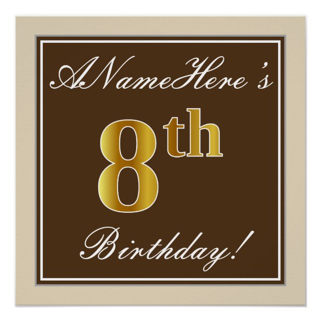 Elegant, Brown, Faux Gold 8th Birthday + Name Poster (Front)