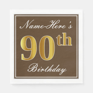 Elegant Brown, Faux Gold 90th Birthday + Name Napkin