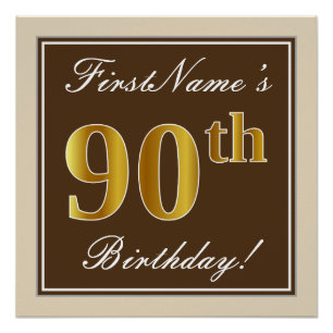 Elegant, Brown, Faux Gold 90th Birthday + Name Poster