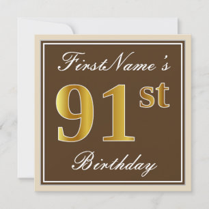 Elegant, Brown, Faux Gold 91st Birthday + Name Invitation