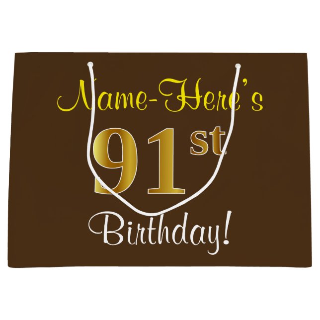 Elegant, Brown, Faux Gold 91st Birthday + Name Large Gift Bag (Front)