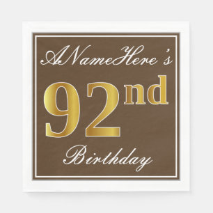 Elegant Brown, Faux Gold 92nd Birthday + Name Napkin