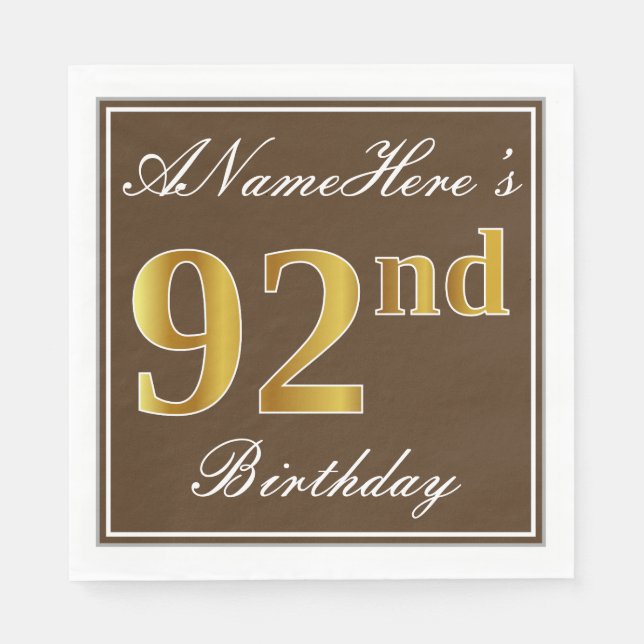 Elegant Brown, Faux Gold 92nd Birthday + Name Napkin (Front)
