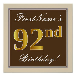 Elegant, Brown, Faux Gold 92nd Birthday + Name Poster