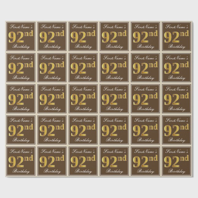 Elegant, Brown, Faux Gold 92nd Birthday + Name Wrapping Paper (Flat)