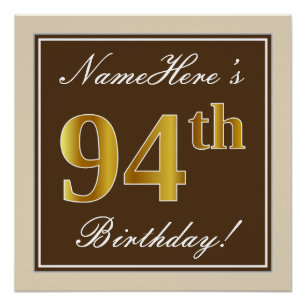 Elegant, Brown, Faux Gold 94th Birthday + Name Poster