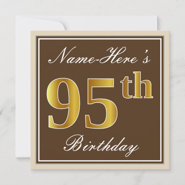 Elegant, Brown, Faux Gold 95th Birthday + Name Invitation (Front)