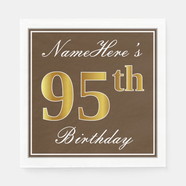 Elegant Brown, Faux Gold 95th Birthday + Name Napkin (Front)
