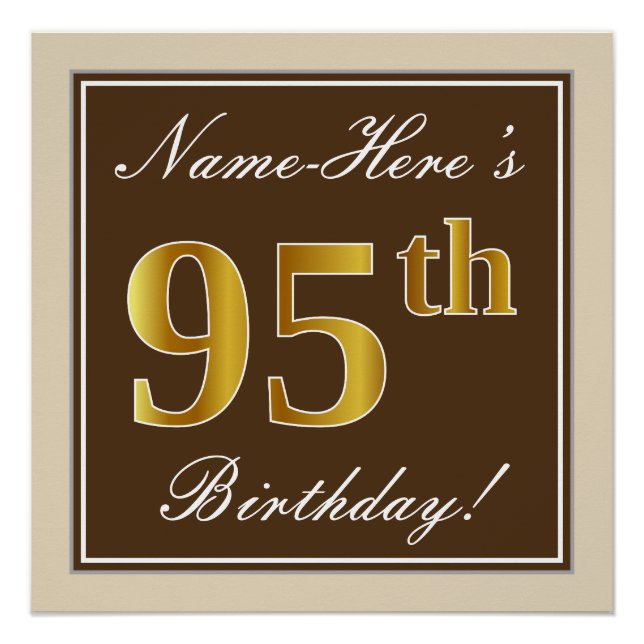 Elegant, Brown, Faux Gold 95th Birthday + Name Poster (Front)