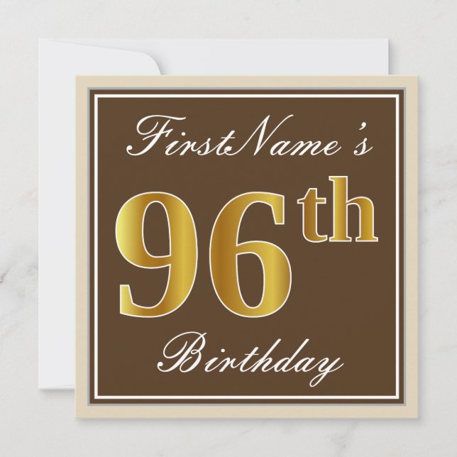 Elegant, Brown, Faux Gold 96th Birthday + Name Invitation (Front)