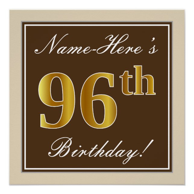 Elegant, Brown, Faux Gold 96th Birthday + Name Poster (Front)