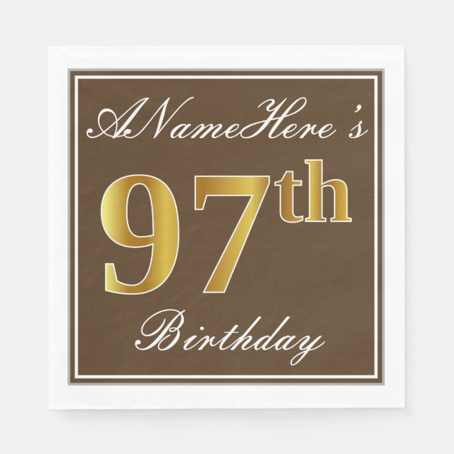 Elegant Brown, Faux Gold 97th Birthday + Name Napkin (Front)