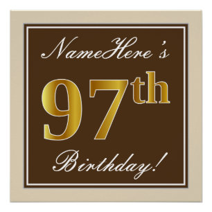 Elegant, Brown, Faux Gold 97th Birthday + Name Poster