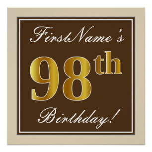 Elegant, Brown, Faux Gold 98th Birthday + Name Poster