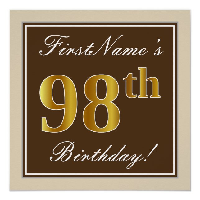 Elegant, Brown, Faux Gold 98th Birthday + Name Poster (Front)