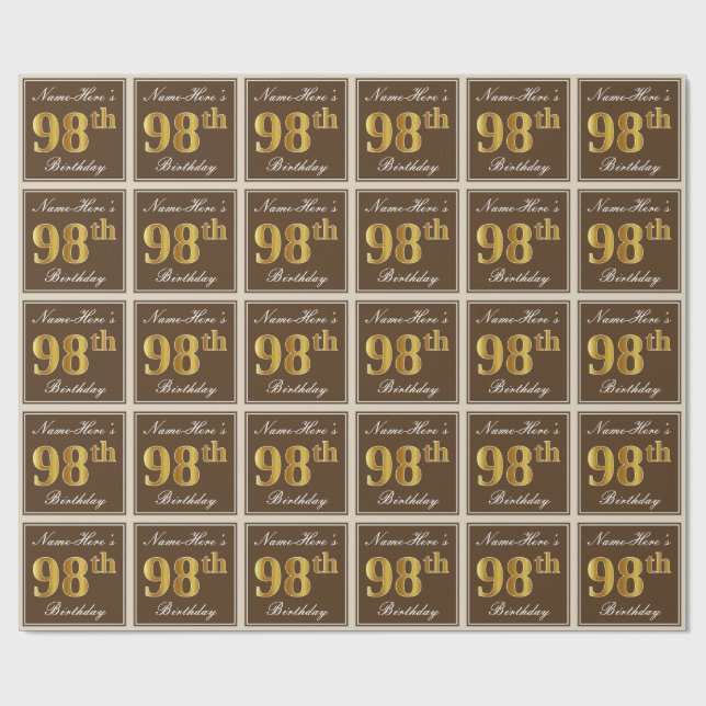 Elegant, Brown, Faux Gold 98th Birthday + Name Wrapping Paper (Flat)