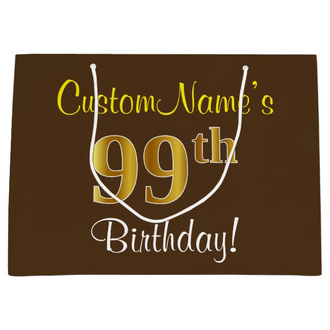 Elegant, Brown, Faux Gold 99th Birthday + Name Large Gift Bag (Front)