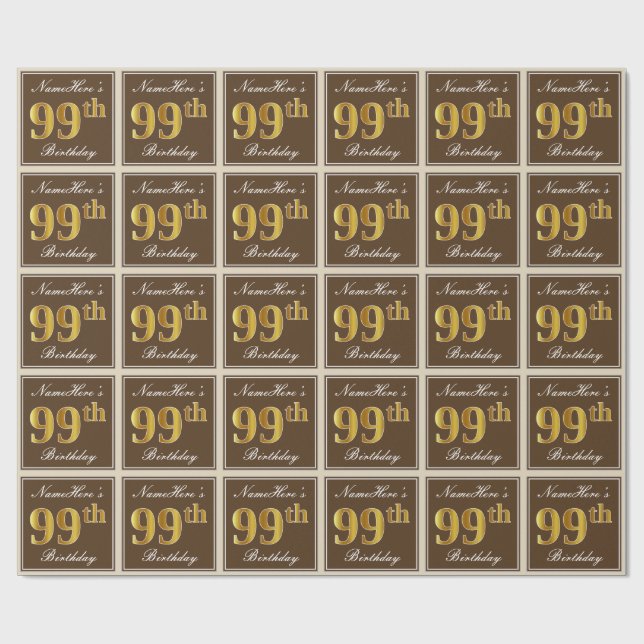 Elegant, Brown, Faux Gold 99th Birthday + Name Wrapping Paper (Flat)
