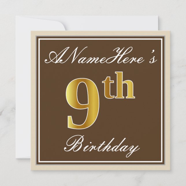 Elegant, Brown, Faux Gold 9th Birthday + Name Invitation (Front)
