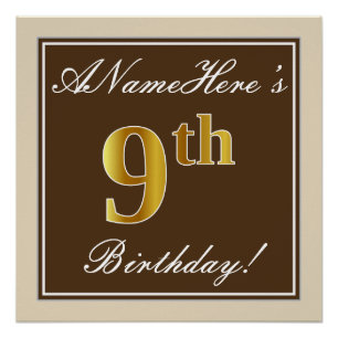 Elegant, Brown, Faux Gold 9th Birthday + Name Poster