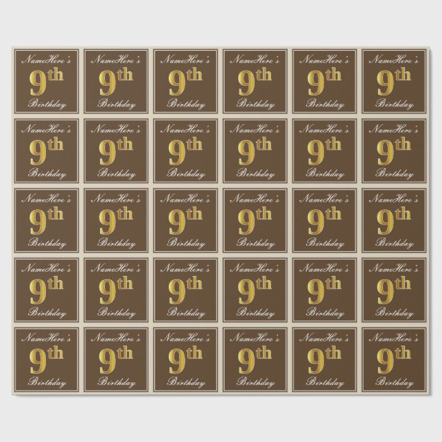 Elegant, Brown, Faux Gold 9th Birthday + Name Wrapping Paper (Flat)