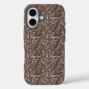 Elegant Brown Floral Pattern on Light Pink Back iPhone 16 Case