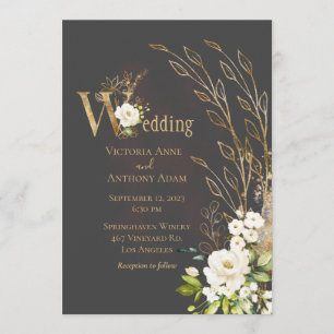 Elegant Brown Floral Rustic Script Wedding Invitation