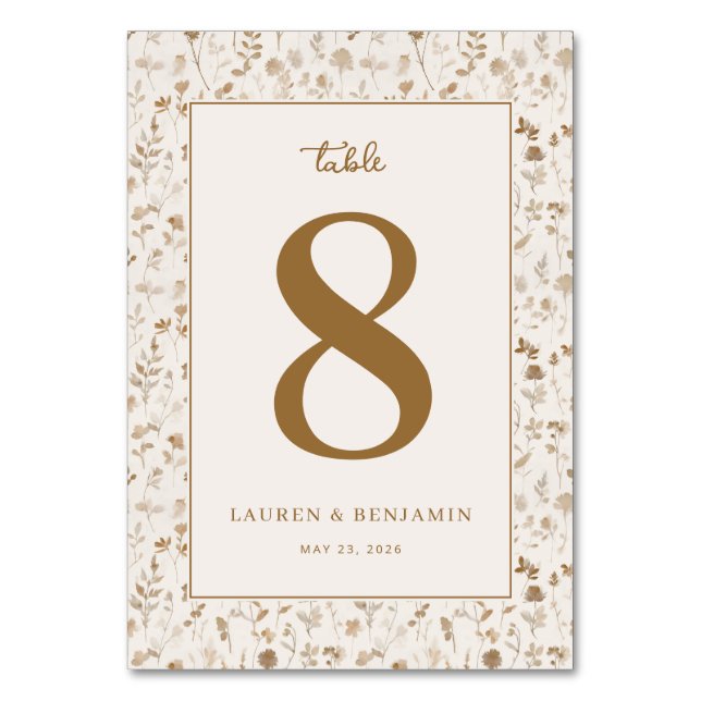 Elegant Brown Floral Table Number (Front)