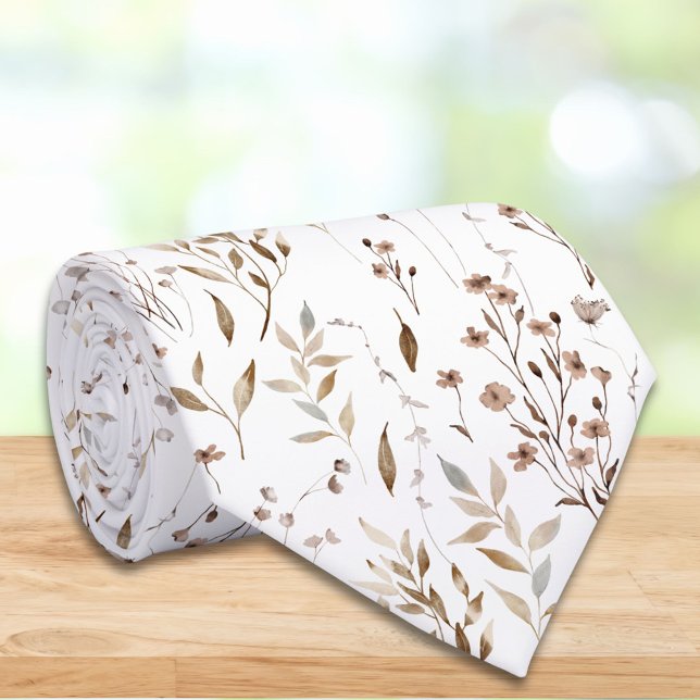 Elegant Brown Flower Floral Botanical Pattern Tie (In situ)