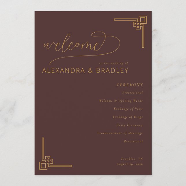Elegant Brown Geometric Wedding Ceremony Programme (Front)