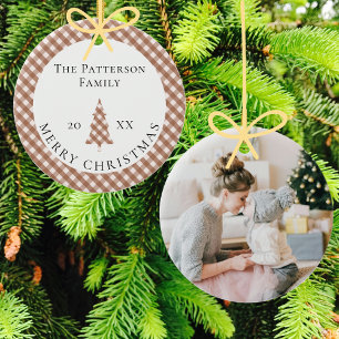 Elegant Brown Gingham Plaid Photo Merry Christmas Ceramic Tree Decoration