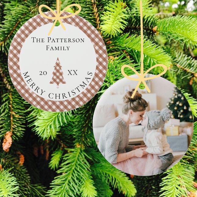 Elegant Brown Gingham Plaid Photo Merry Christmas Ceramic Tree Decoration (Creator Uploaded)