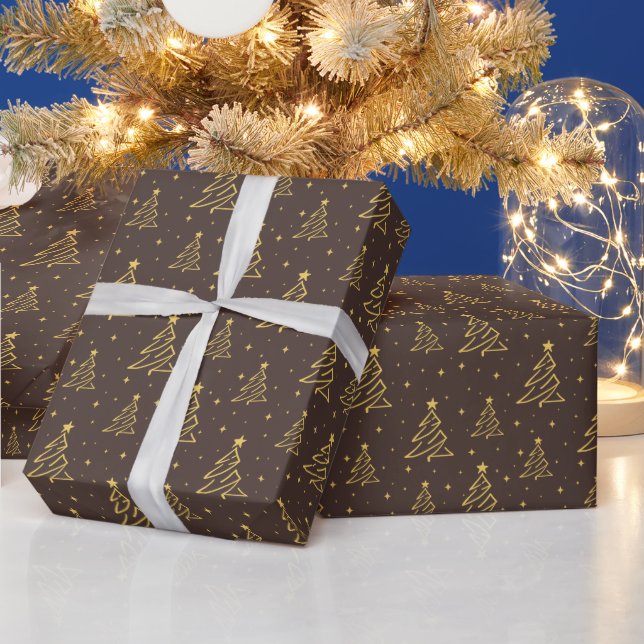 Elegant Brown Gold Christmas Tree Pattern Wrapping Paper (Holidays)