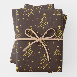 Elegant Brown Gold Christmas Tree Pattern Wrapping Paper Sheet