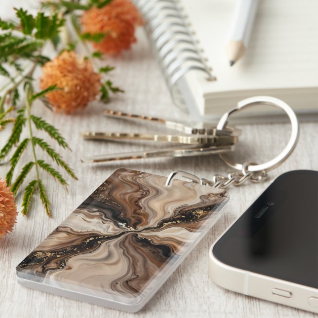 Elegant Brown & Gold Fluid Abstract Art Key Ring (Front Right)