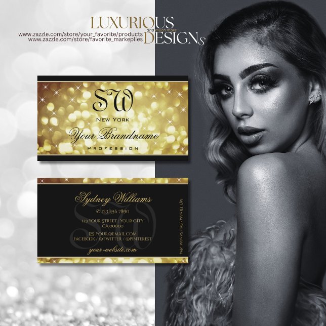 Elegant Brown Gold Glitter Stars Monogram Black Business Card (Creator Uploaded)