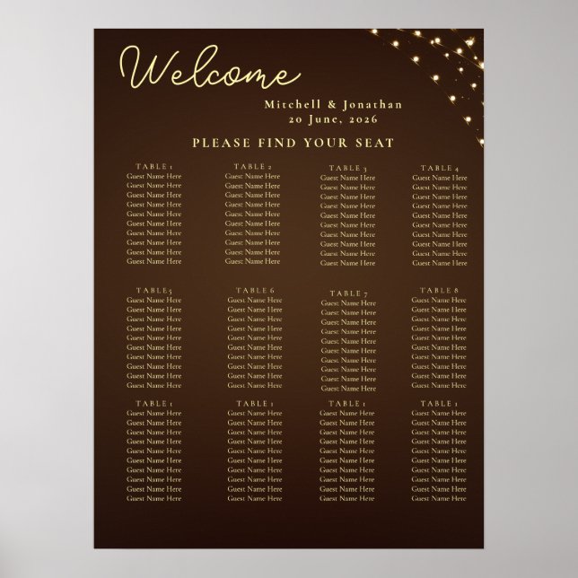 Elegant Brown & Gold Light Wedding Seating Chart (Front)