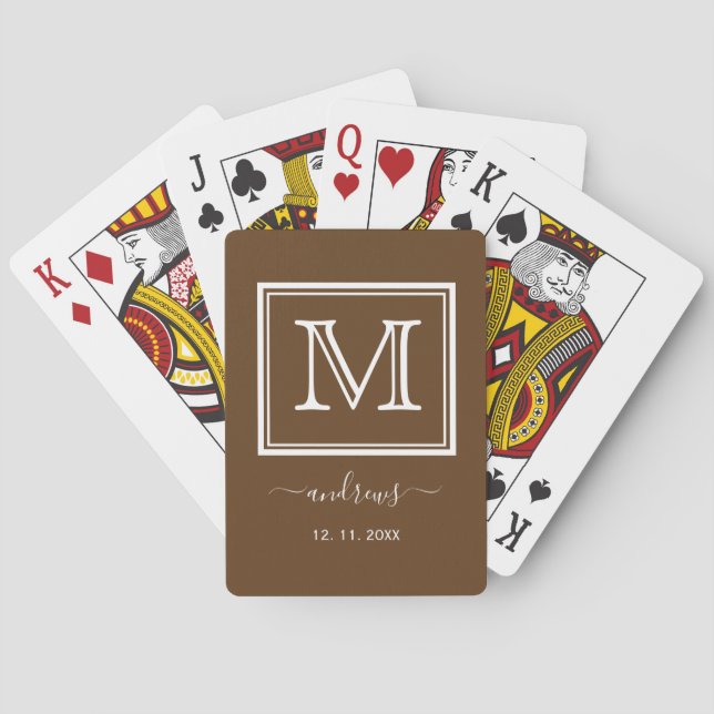 Elegant Brown Gold Monogram Stylish Script Name Playing Cards (Back)