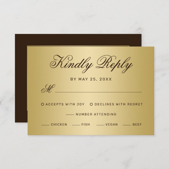 Elegant Brown Gold Script Meal Choice Wedding RSVP Card (Front/Back)