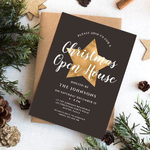 Elegant Brown Gold Star Christmas Open House Invitation