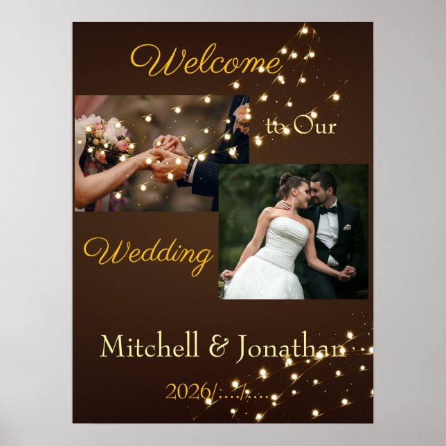 Elegant Brown & Gold String Lights Wedding  Poster (Front)