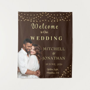 Elegant Brown & Gold String Lights Wedding  Tapestry