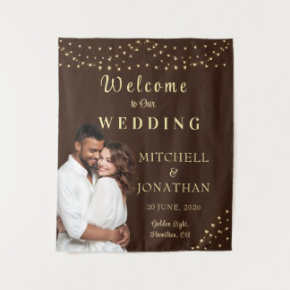 Elegant Brown & Gold String Lights Wedding Tapestry