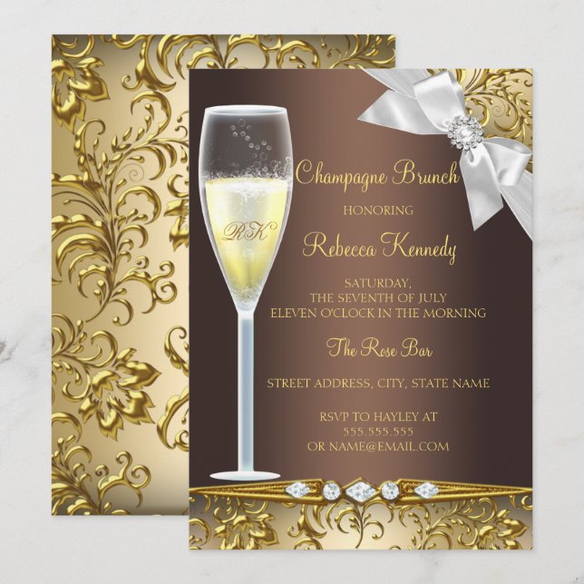 Elegant Brown Gold White Champagne Brunch Invite (Front/Back)