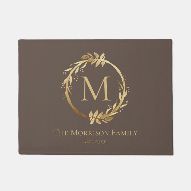 Elegant Brown & Gold Wreath Family Name Monogram Doormat (Front)