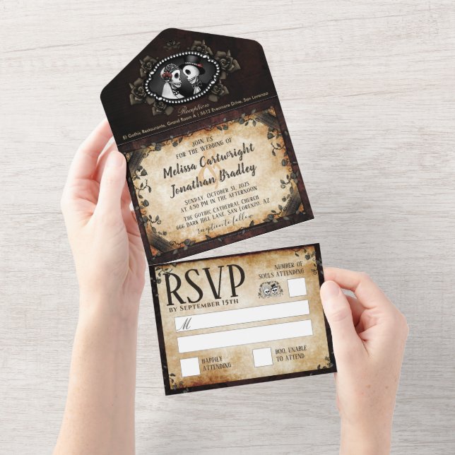 Elegant Brown Gothic Wedding Skeletons All In One Invitation (Tearaway)