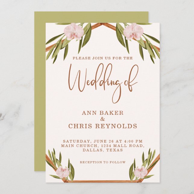 Elegant Brown Green Pink Boho Wedding Invitation (Front/Back)